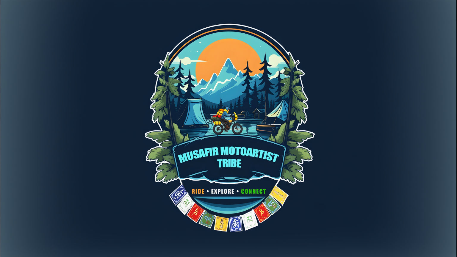 Logo for Musafir Motoartist Tribe with a scenic design, mountains, trees, and a motorcycle.