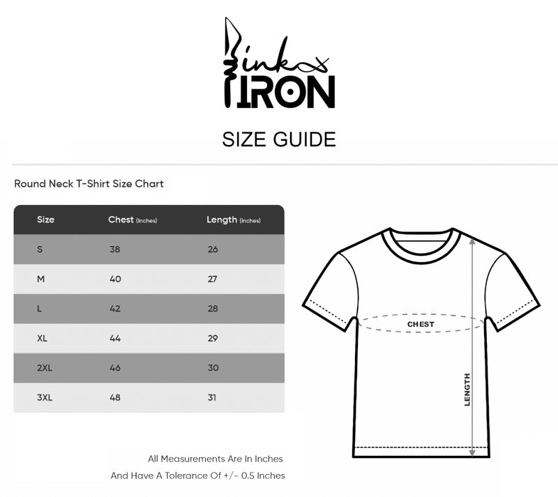 Ink and Iron round-neck unisex T-shirt size chart with Indian measurements, showing sizes S, M, L, XL, 2XL, and 3XL, including chest width, length, and sleeve length in centimeters and inches.