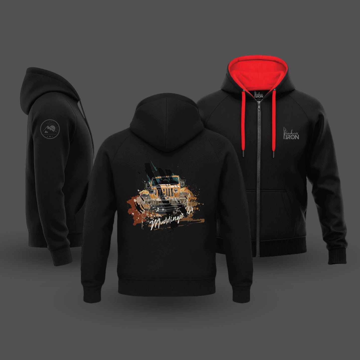 Black hoodie with a graphic design on the front, shown from different angles against a dark background.