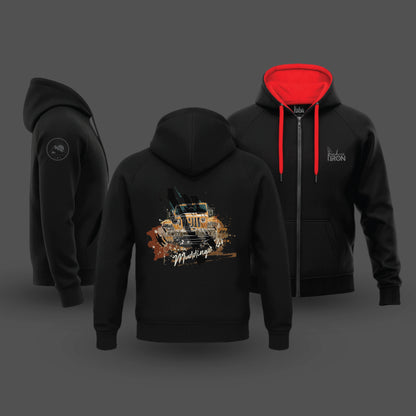 Black hoodie with a graphic design on the front, shown from different angles against a dark background.