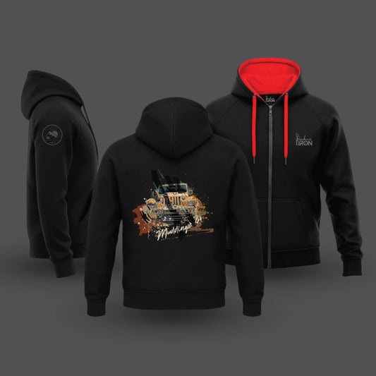 Black hoodie with a graphic design on the front, shown from different angles against a dark background.