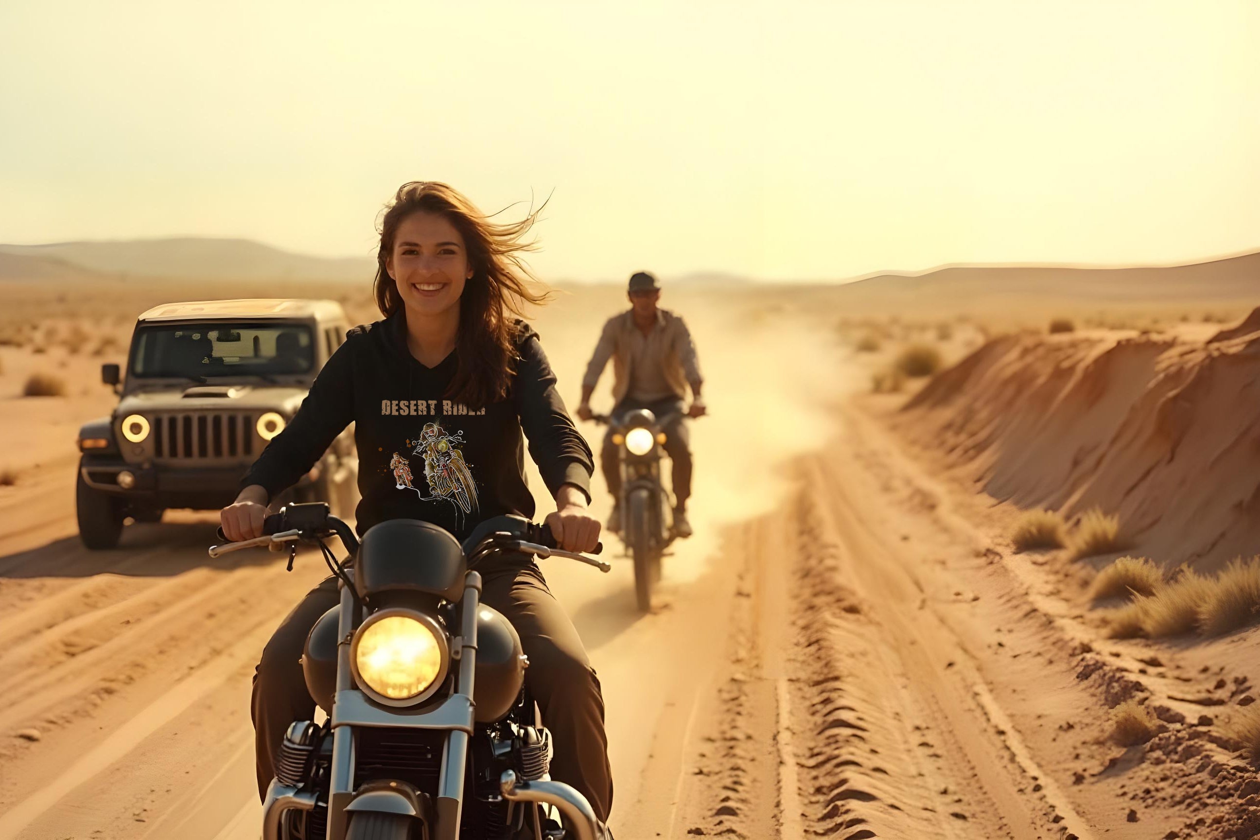 Ink and Iron adventure wear – a woman riding a motorcycle on an open road, wearing a rugged biker hoodie. A Jeep and another rider follow on a dusty trail, capturing the essence of motorcycle and off-road lifestyle apparel.